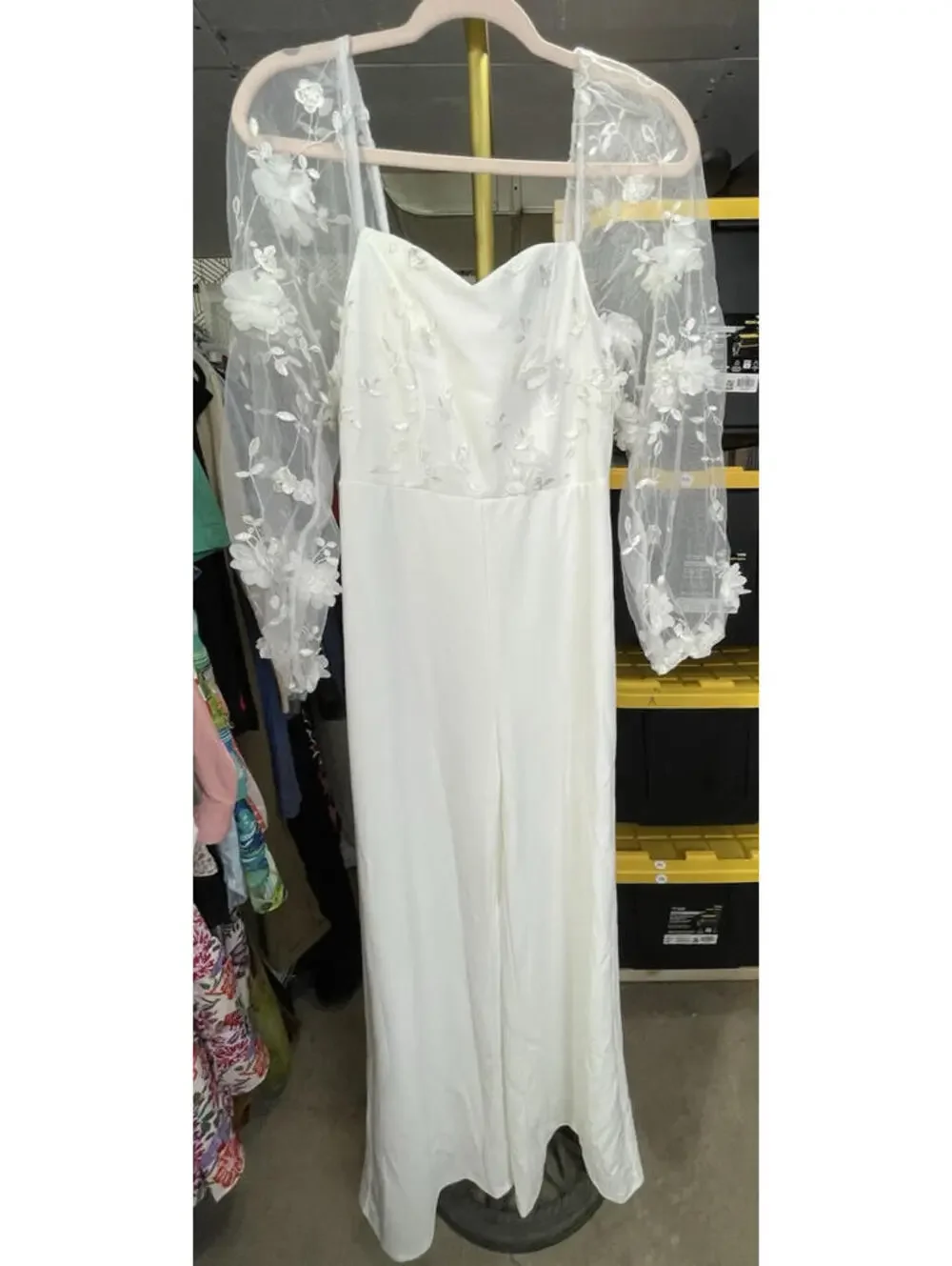 NWT JJ’s House White Bridal Jumpsuit With Sheer Floral Sleeves Back Zip Sz Small